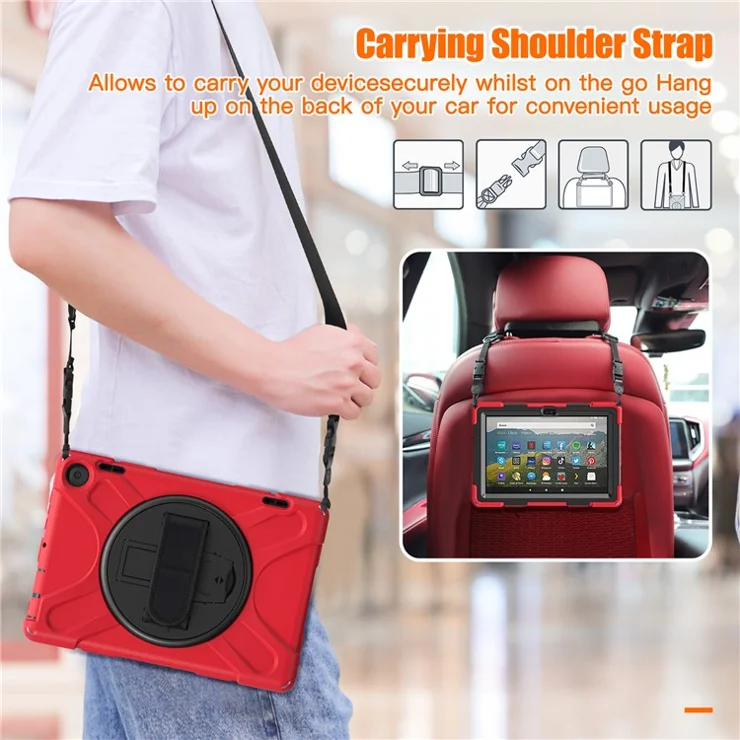 For Amazon Fire HD 8 (2022) / HD 8 (2024) Kickstand Tablet Case 360 Degree Rotation Hand Strap PC + Silicone Protective Cover with Shoulder Strap - Red