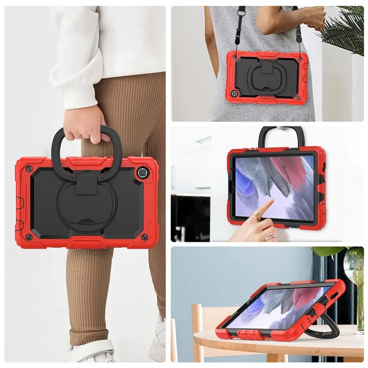 Shockproof Case for Samsung Galaxy Tab A7 Lite 8.7-inch T220 / T225, Drop-proof Tablet Case 360-Degree Rotating Kickstand PC + Silicone Cover with Shoulder Strap - Red