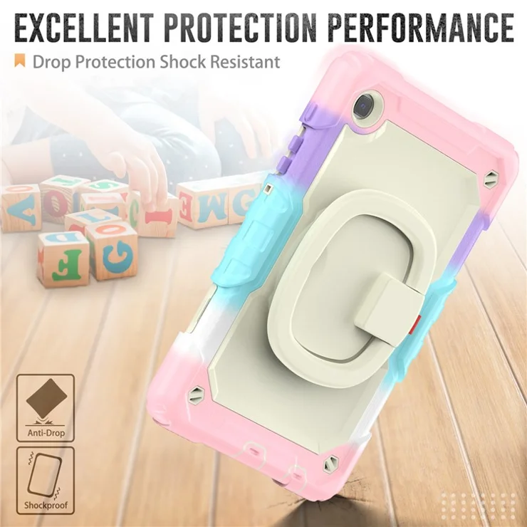 Anti-Drop Tablet Case for Samsung Galaxy Tab A7 Lite 8.7-inch T220 / T225 PC + Silicone Protective Case 360-Degree Rotating Kickstand Cover with Shoulder Strap - Beige / Camo Pink