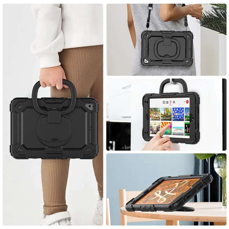 Protective Case for iPad mini 4 / mini (2019) 7.9 inch Anti-Drop Tablet Case 360-Degree Rotating Kickstand PC + Silicone Cover with Shoulder Strap - Black