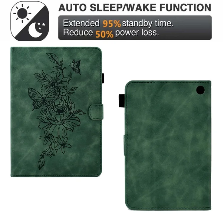 Butterfly Flower Pattern Imprinted Leather Case for Amazon Fire 7 (2022), Stitching Line Full Protection Tablet Cover with Card Holder Stand - Green