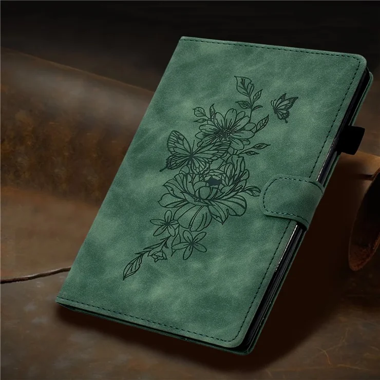 Butterfly Flower Pattern Imprinted Leather Case for Amazon Fire 7 (2022), Stitching Line Full Protection Tablet Cover with Card Holder Stand - Green