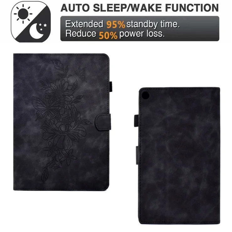 For Amazon Fire HD 8 (2016) / (2017) / (2018) Protective Case Butterfly Flower Pattern Imprinted Leather Case Stitching Line Tablet Cover with Card Holder / Stand - Black