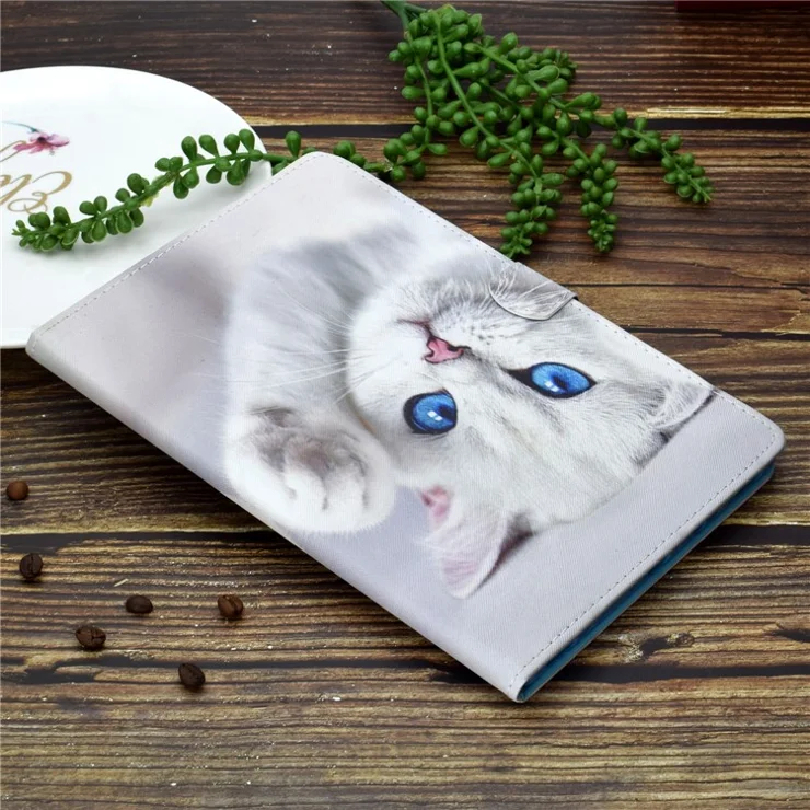 For Amazon Kindle Youth Edition 2022 Folio Flip Tablet Stand Case Stitching Line PU Leather Card Holder Protective Cover - White Cat