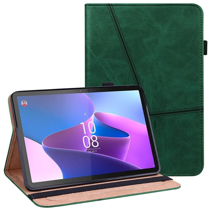 Tablet Case with Card Slots For Lenovo Tab P11 Gen 2 Line Imprinted Leather Protective Tablet Cover Stand - Green