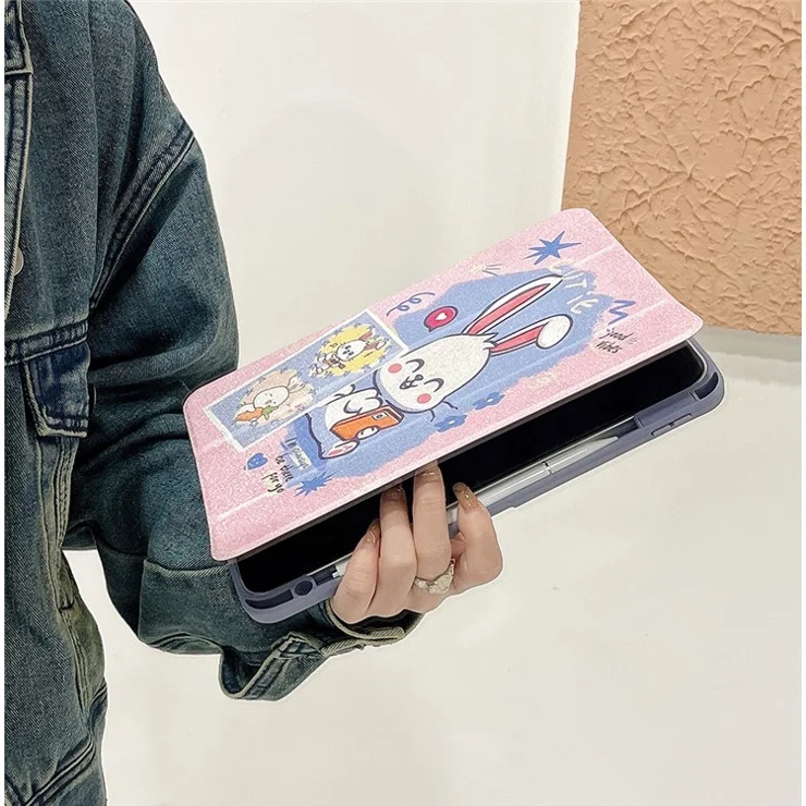 Shockproof Case for iPad (2025) / 10.9 (2022) PU Leather Folio Flip Cover Acrylic Back Case with Pen Holder - Rabbit