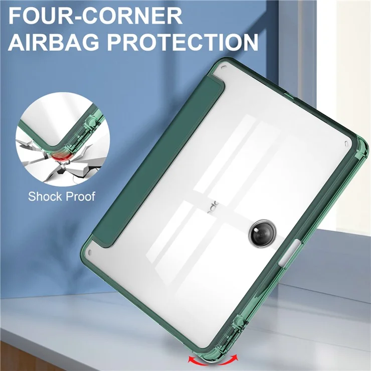 For Oppo Pad 2 Clear Tablet Case PU Leather + TPU + Acrylic Stand Smart Cover with Pen Slot - Blackish Green