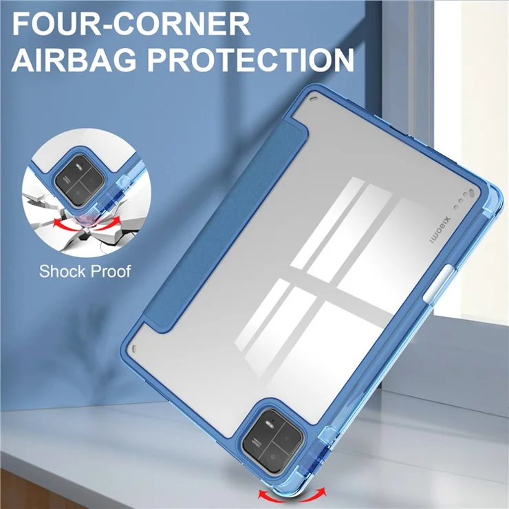For Xiaomi Pad 6 / Pad 6 Pro Stand Tablet Case PU Leather + TPU + Acrylic Clear Smart Cover with Pen Slot - Blue