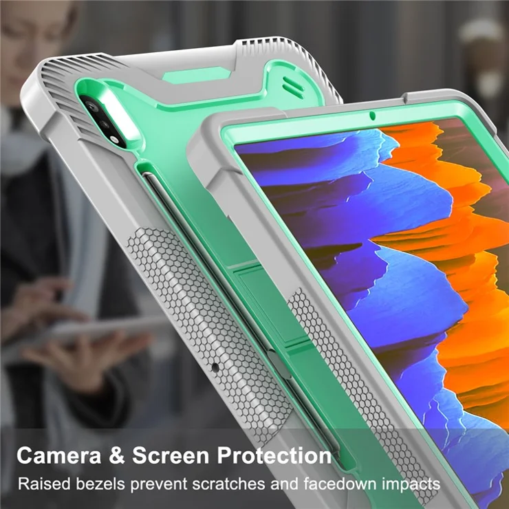 For Samsung Galaxy Tab S8 Ultra Kickstand Tablet Case Silicone + PC Shockproof Cover - Grey+Mint Green