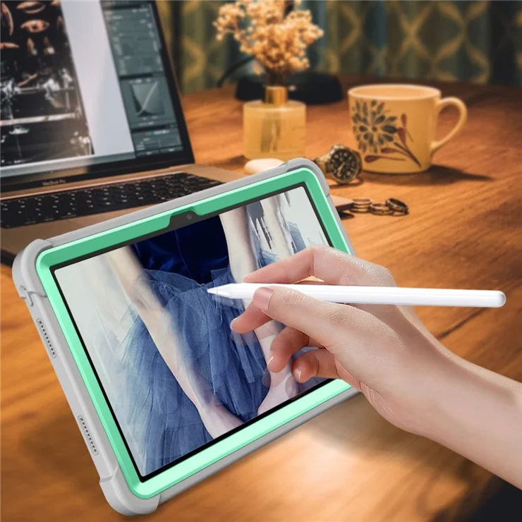 For TCL Tab 10 5G Silicone + PC Tablet Case Kickstand Shockproof Cover - Grey+Mint Green
