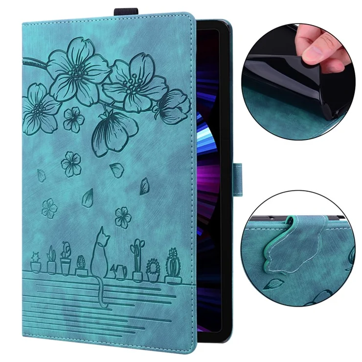 For Samsung Galaxy Tab S9 Ultra / S8 Ultra Card Slots Leather Tablet Case Stand Imprinted Flower Cat Tablet Cover - Green