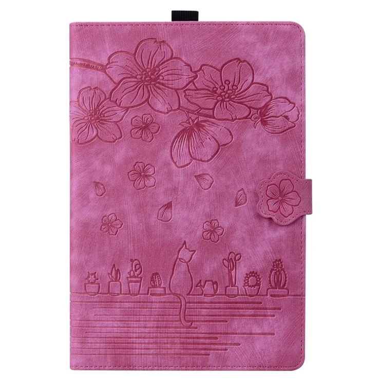 For Samsung Galaxy Tab S9 Ultra / S8 Ultra Card Slots Leather Tablet Case Stand Imprinted Flower Cat Tablet Cover - Rose