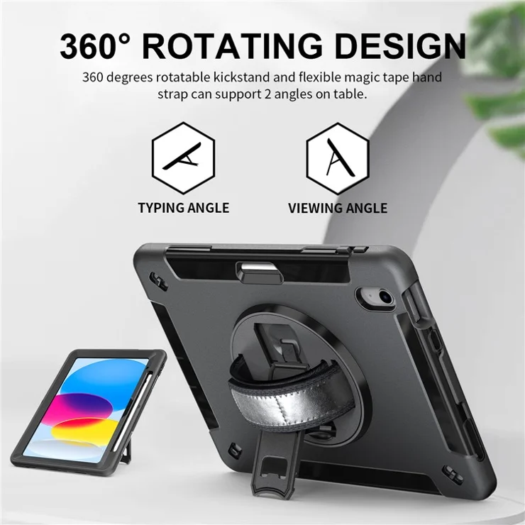Kickstand Case for iPad (2025) / 10.9 (2022) TPU+PC Shockproof Anti-Drop Tablet Cover with PU Hand Strap, Pencil Slot - Black