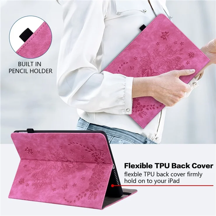 For Samsung Galaxy Tab S10+ / S9+ PU Leather Tablet Cover Butterfly Rose Imprinted Stand Case with Card Slots - Rose