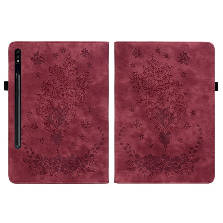 For Samsung Galaxy Tab S10+ / S9+ PU Leather Tablet Cover Butterfly Rose Imprinted Stand Case with Card Slots - Red