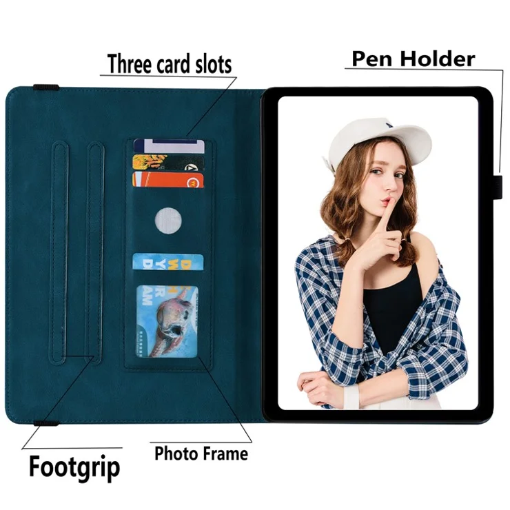 For Samsung Galaxy Tab S10 / S9 / S10 FE / S9 FE PU Leather Stand Cover Imprinted Butterfly Flower Card Holder Tablet Case - Dark Blue