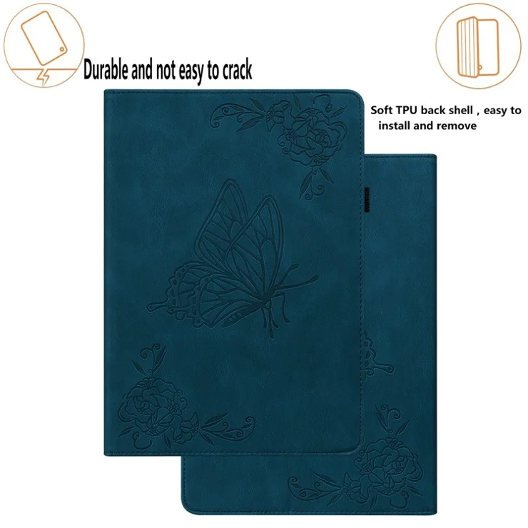 For Samsung Galaxy Tab S10 / S9 / S10 FE / S9 FE PU Leather Stand Cover Imprinted Butterfly Flower Card Holder Tablet Case - Dark Blue