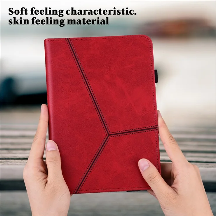 For Samsung Galaxy Tab S10+ / S9+ / S9 FE+ PU Leather Tablet Case Line Imprinted Stand Cover with Card Slots - Red