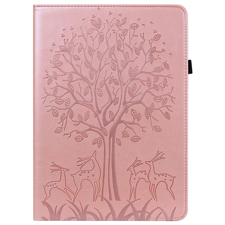 For Samsung Galaxy Tab S10 / S9 / S10 FE / S9 FE Tree Deer Imprinted Stand Cover PU Leather Card Holder Tablet Case - Rose Gold