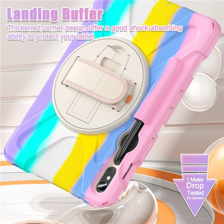 For Samsung Galaxy Tab S9 FE / S9 X710 / S8 X700 / S7 T870 Wrist Strap Tablet Case PC+Silicone Kickstand Protective Cover - Colorful Pink