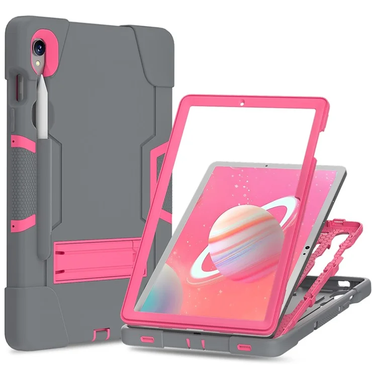 Silicone + PC Tablet Case for Samsung Galaxy Tab S10 FE / S9 FE / S9 SM-X710 SM-X510 Robot Style Dual Color Kickstand Cover - Grey / Rose Red