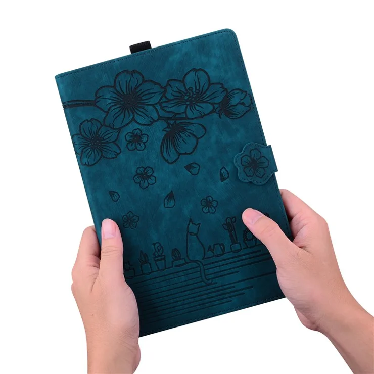 For Samsung Galaxy Tab S9+ PU Leather Card Holder Cover Flower Cat Imprinted Tablet Stand Case - Sapphire