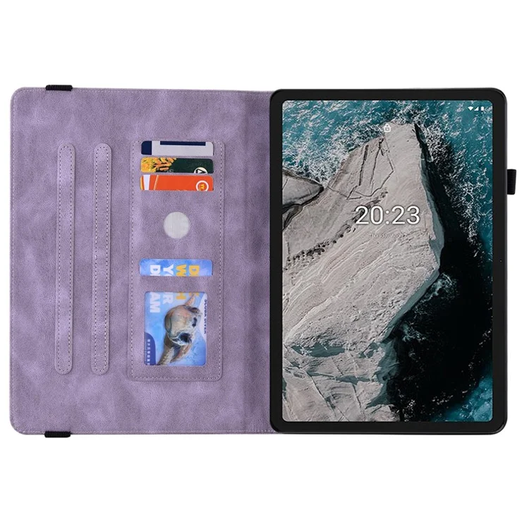 Anti-drop Tablet Case for Nokia T20 PU Leather Butterfly Flower Imprinted Card Holder Stand Cover - Purple