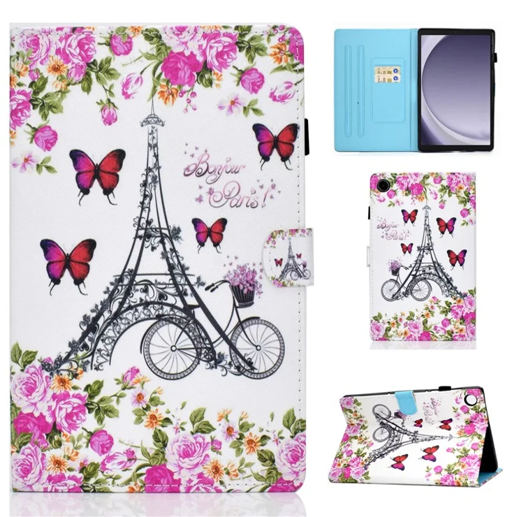 For Samsung Galaxy Tab A9 PU Leather Case Stand Card Holder Pattern Tablet Cover - Flower and Tower
