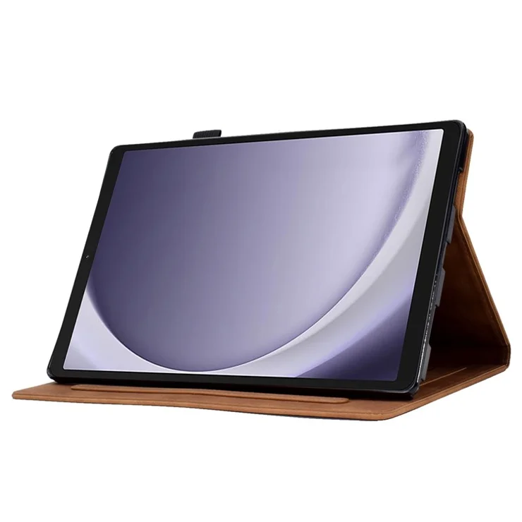 For Samsung Galaxy Tab A9 Microfiber Leather Case Iron Tower Imprinted Smart Tablet Cover - Brown