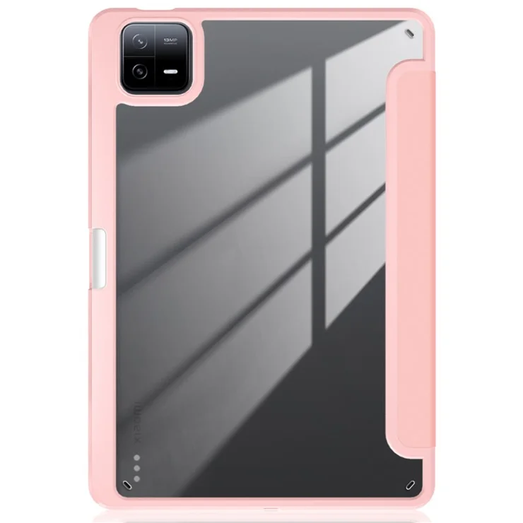 For Xiaomi Pad 6 Tri-Fold Stand Cover with Pen Slot Leather+TPU+Acrylic Tablet Case - Pink