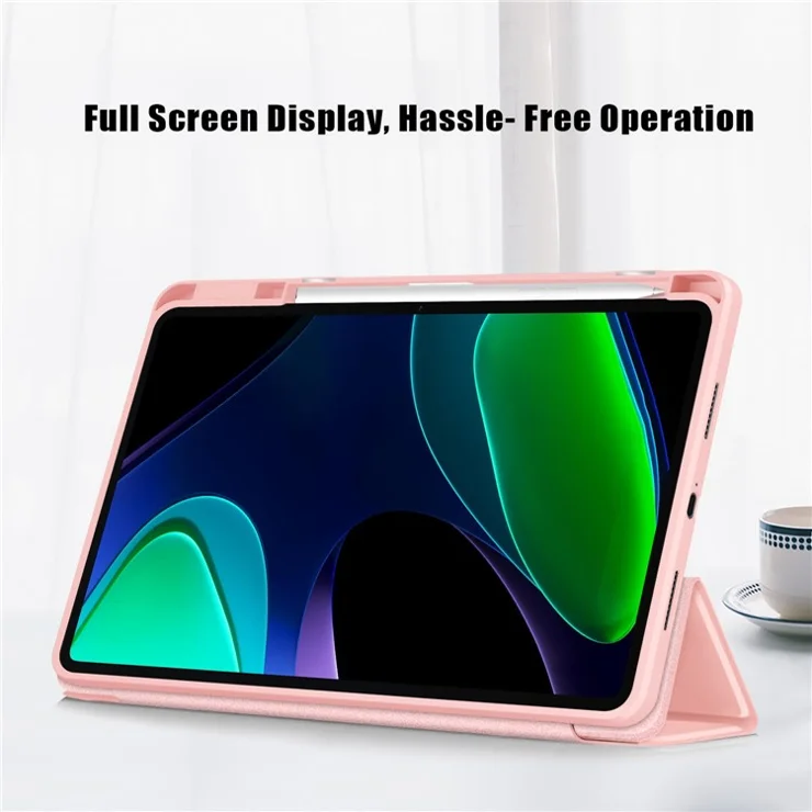 For Xiaomi Pad 6 Tri-Fold Stand Cover with Pen Slot Leather+TPU+Acrylic Tablet Case - Pink