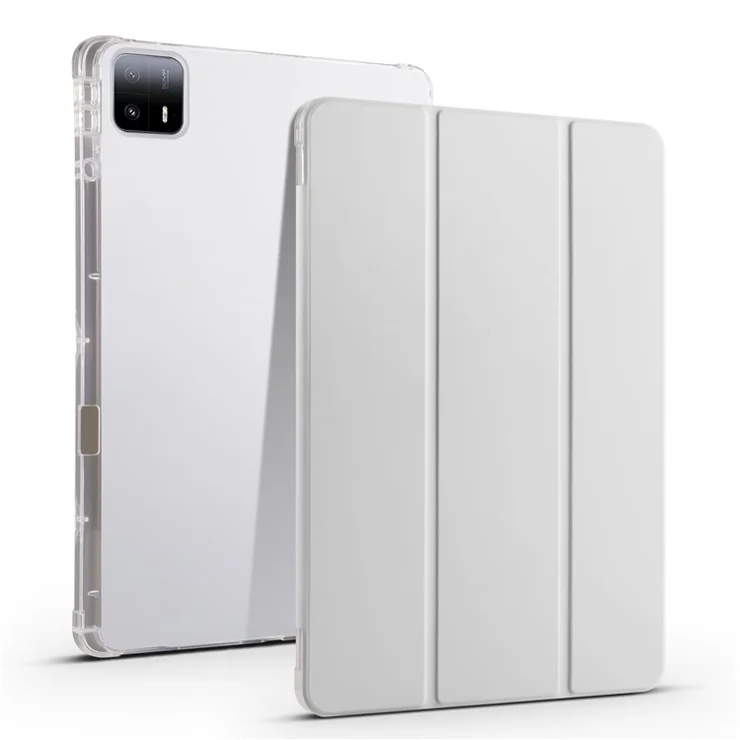For Xiaomi Pad 6 Max 14 Case Tri-fold Stand Clear Back Tablet Cover with Pen Slot - Grey