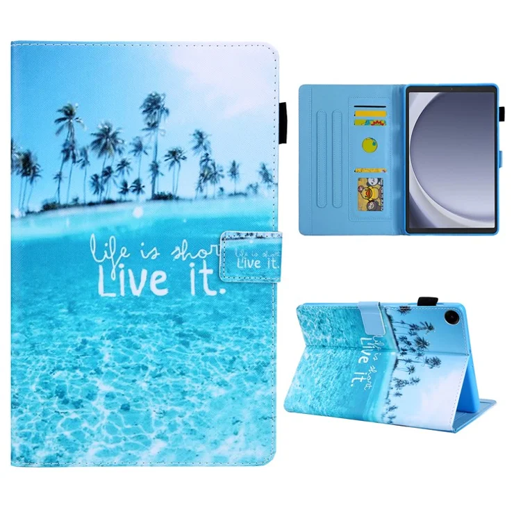 For Samsung Galaxy Tab A9 X110 / X115 Flip Stand Case PU Leather Pattern Tablet Cover - Beach
