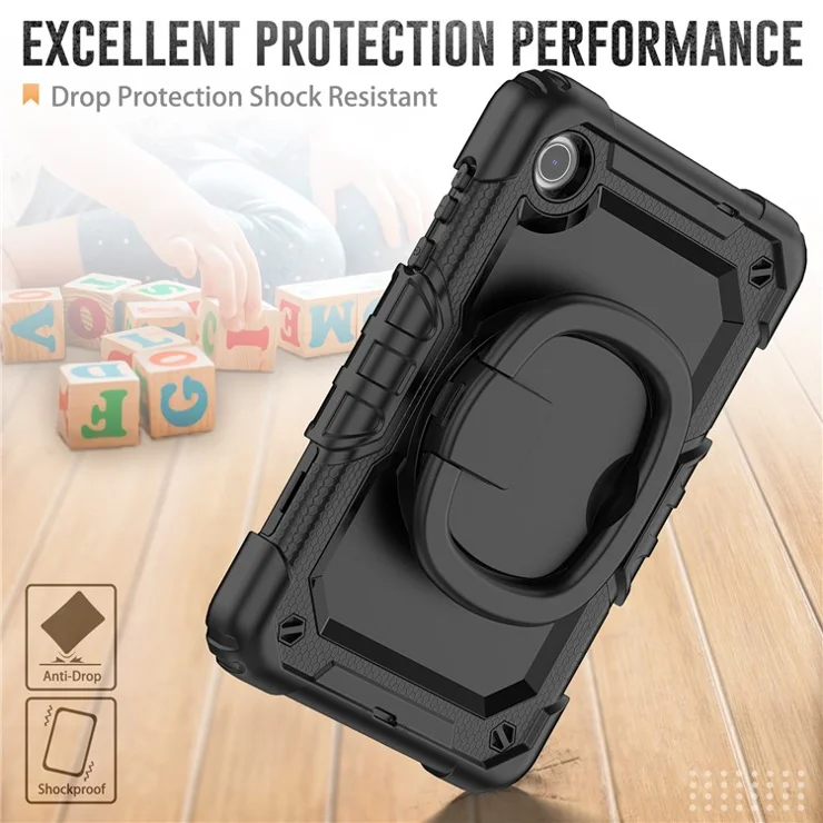 For Lenovo Tab M8 (4th Gen) 2024 TB-301XU / M8 (4th Gen) 2023 TB-300FU Case Rotary Kickstand Tablet Cover with Shoulder Strap - Black