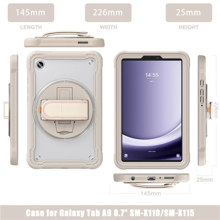 For Samsung Galaxy Tab A9 Tablet Case 360 Degree Rotary Kickstand Hand Strap Cover - Khaki