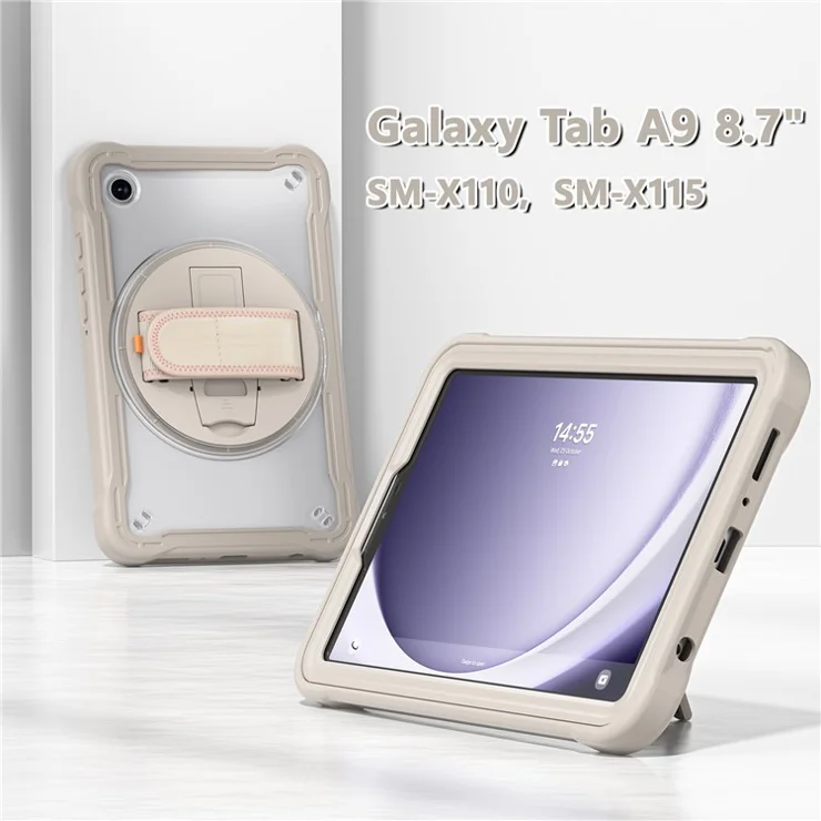For Samsung Galaxy Tab A9 Tablet Case 360 Degree Rotary Kickstand Hand Strap Cover - Khaki