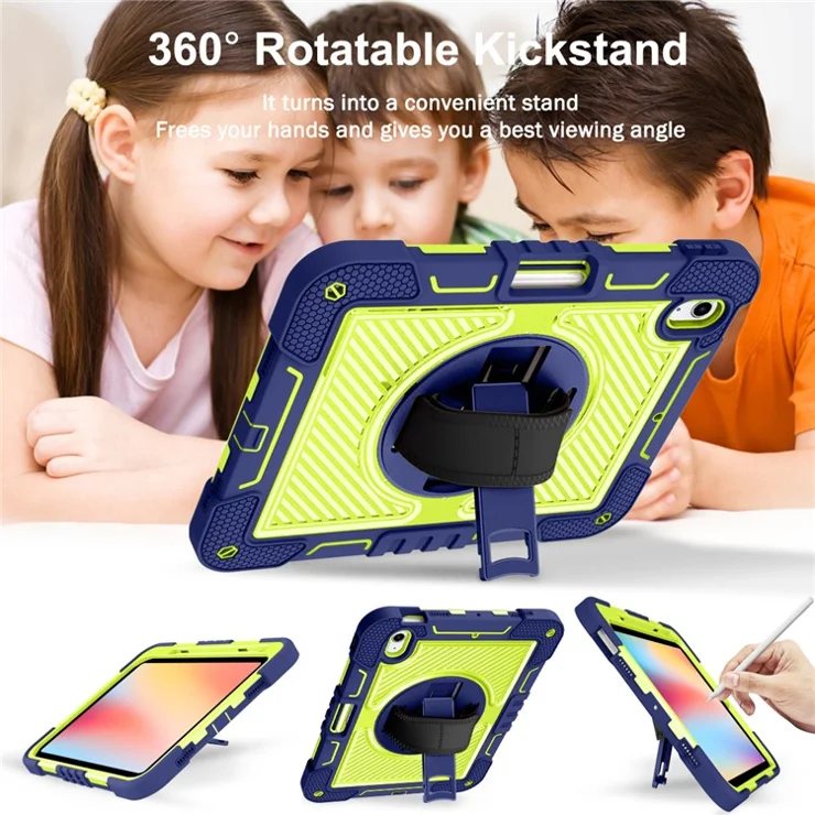 For iPad (2025) / 10.9 (2022) Case Kickstand Anti-Drop Tablet Cover with Shoulder Strap - Navy Blue+Yellow Green