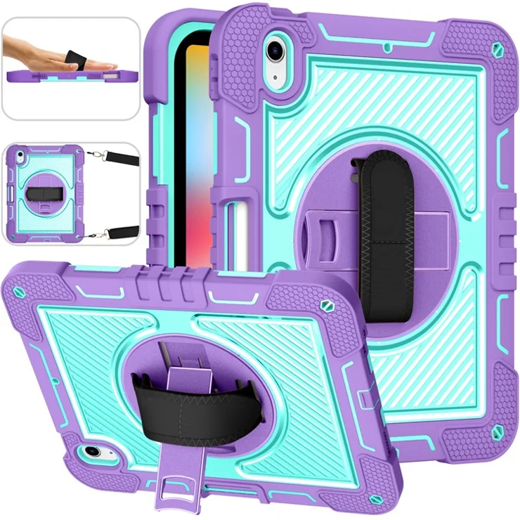 For iPad (2025) / 10.9 (2022) Case Kickstand Anti-Drop Tablet Cover with Shoulder Strap - Purple+Mint Green