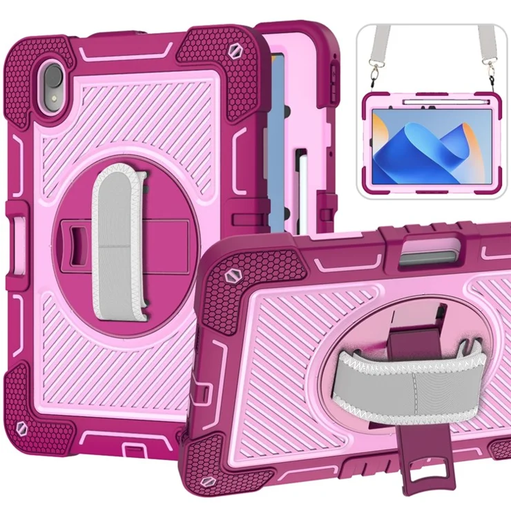 For Huawei MatePad 11 (2023) Tablet Case Shockproof Cover with Kickstand Shoulder Strap - Rose+Pink