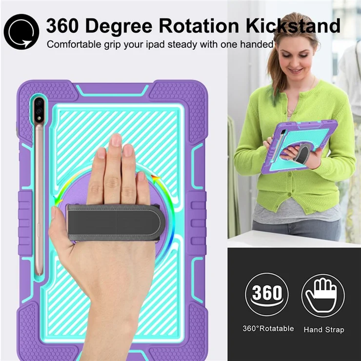 For Samsung Galaxy Tab S7 / S8 Crossbody Tablet Case Shoulder Strap Rotary Kickstand - Purple+Mint Green