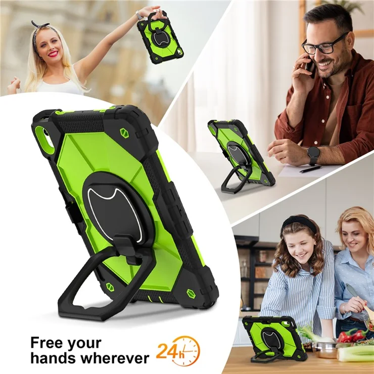 C3 for iPad (2025) / 10.9 (2022) Case Contrast Color Silicone+PC Kickstand Anti-Drop Tablet Cover - Black+Yellowgreen