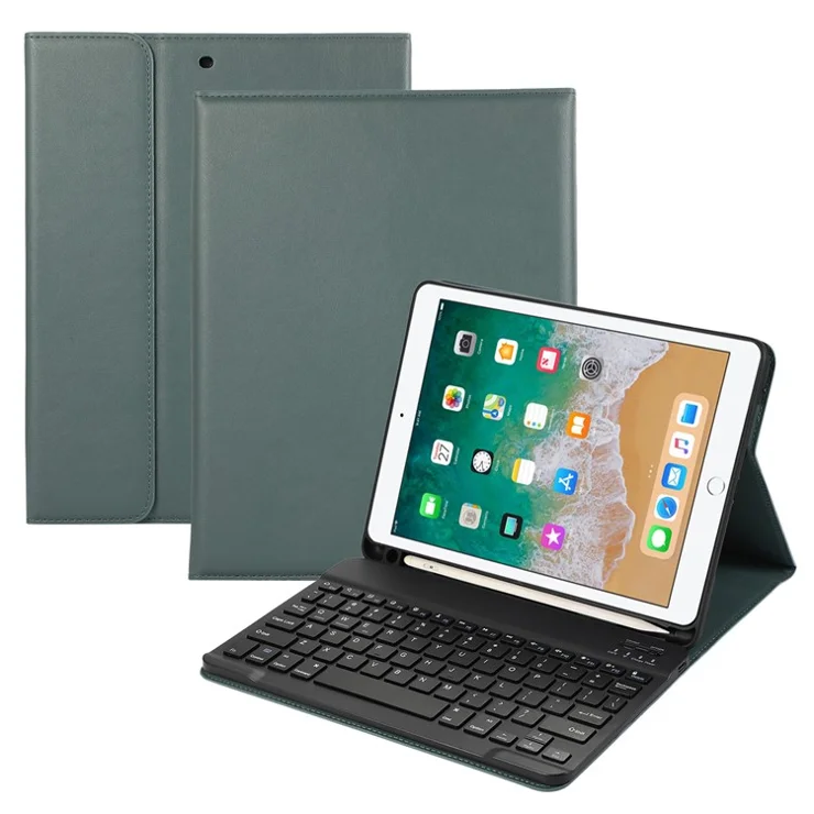 For iPad Air (2013) / Air 2 / 9.7-inch (2017) / (2018) Bluetooth-compatible Keyboard Leather Case Stand with Pen Slot - Green