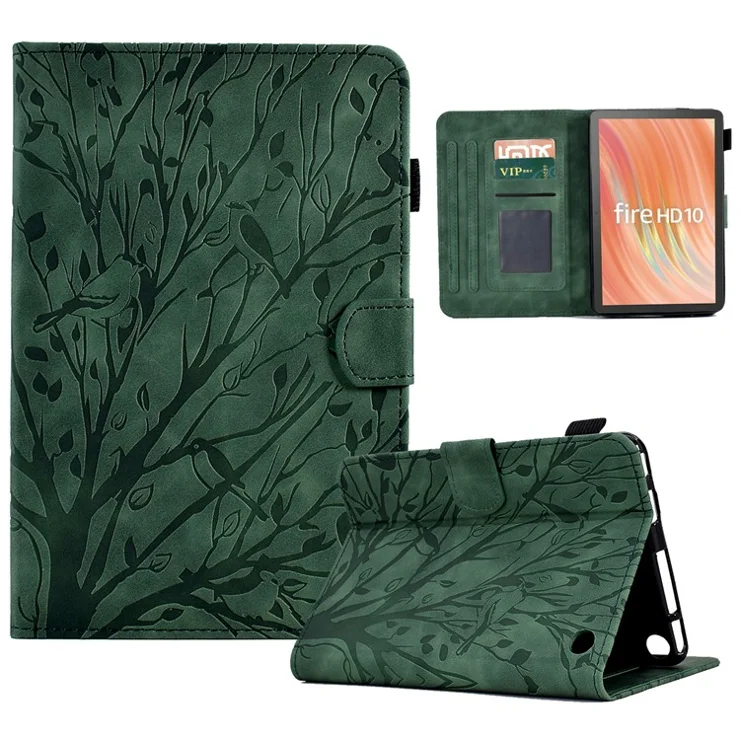 A8 For Amazon Fire HD 10 (2023) Stand Case Leather Tablet Cover with Card Slots - Green