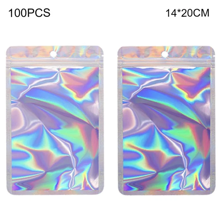 MX-109 100Pcs Resealable Holographic Bags 14x20cm Ziplock Packing Pouch Bags with Clear Matte Window - Laser