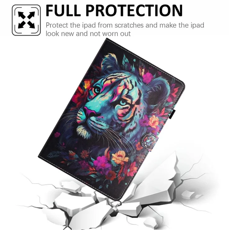 For iPad (2025) / 10.9 (2022) Case Pattern Printing Full Protection PU Leather Stand Tablet Cover - Tiger