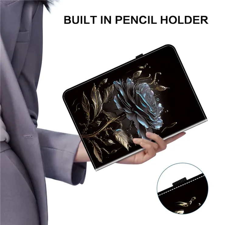 For Realme Pad 2 Case PU Leather Folio Pattern Tablet Cover with Card Slot / Pen Loop Holder - Black Rose