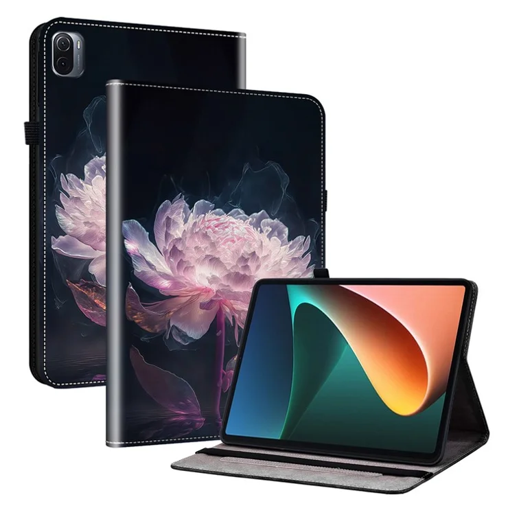 For Xiaomi Pad 5 / Pad 5 Pro Tablet Case Stand PU Leather Pattern Print Shockproof Cover - Purple Peony