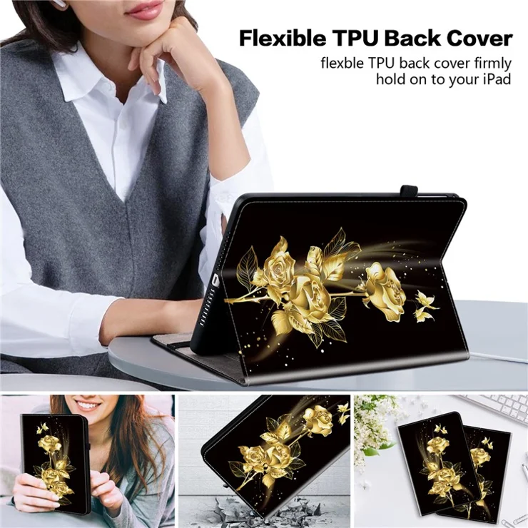 For iPad mini (2024) / mini (2021) Case Pattern PU Leather Stand Folio Tablet Cover with Card Holder - Gold Butterfly Rose