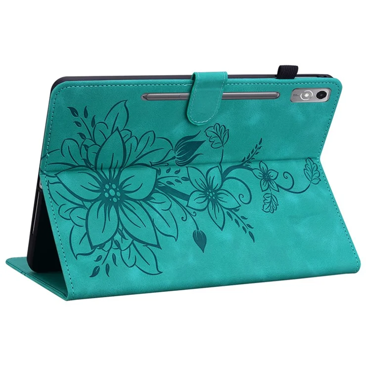For Lenovo Tab P12 Case Lily Flower Leather Tablet Cover with Card Slots Stand - Green