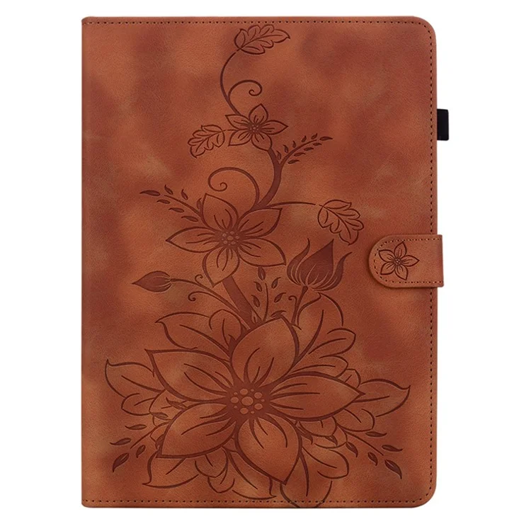 For Lenovo Tab M9 Case Imprinted Lily Flower PU Leather Card Slots Tablet Cover - Brown